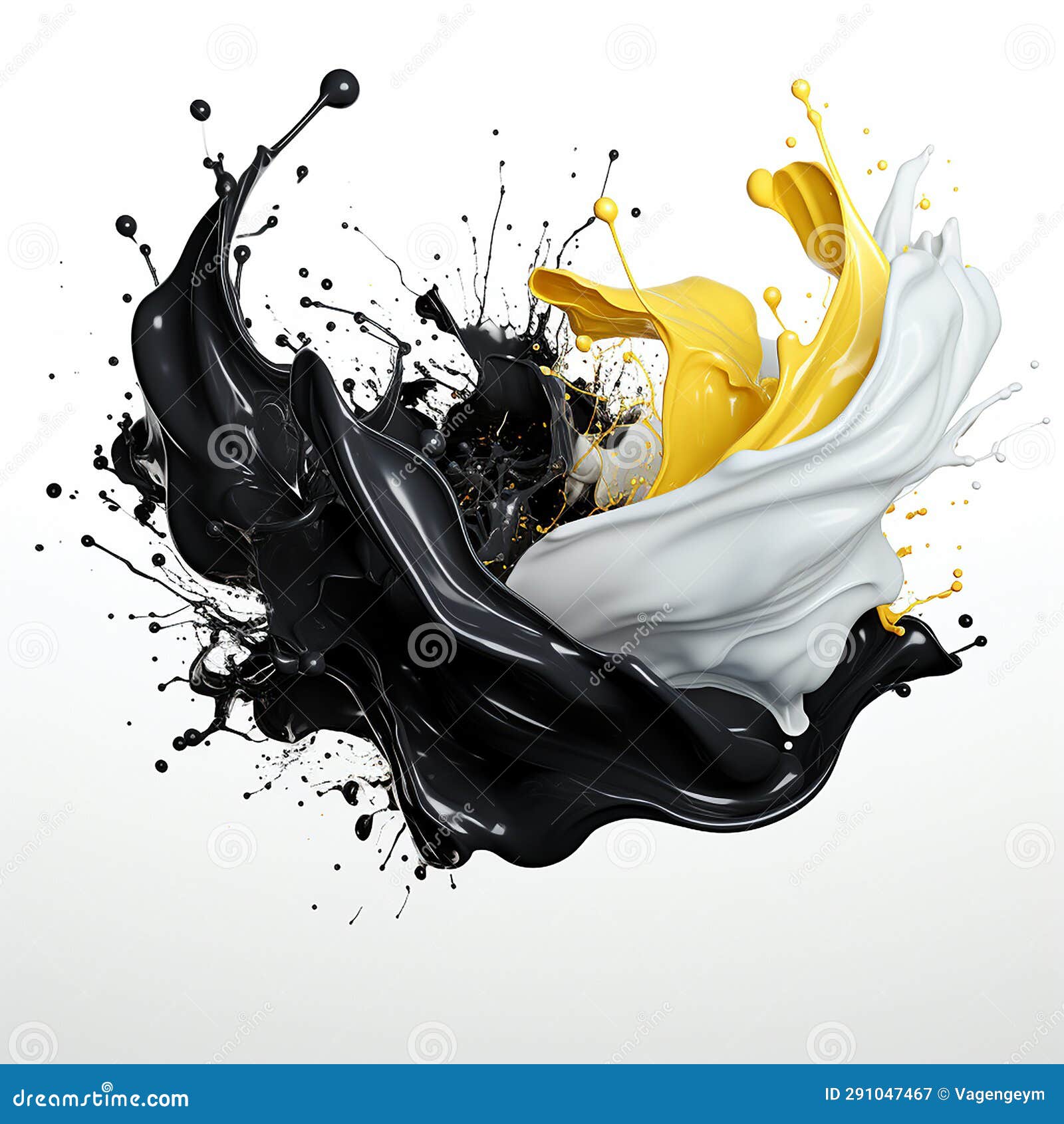 dynamic blending yellow, black and white liquid splash with flying beautiful drops. abstract fluid art