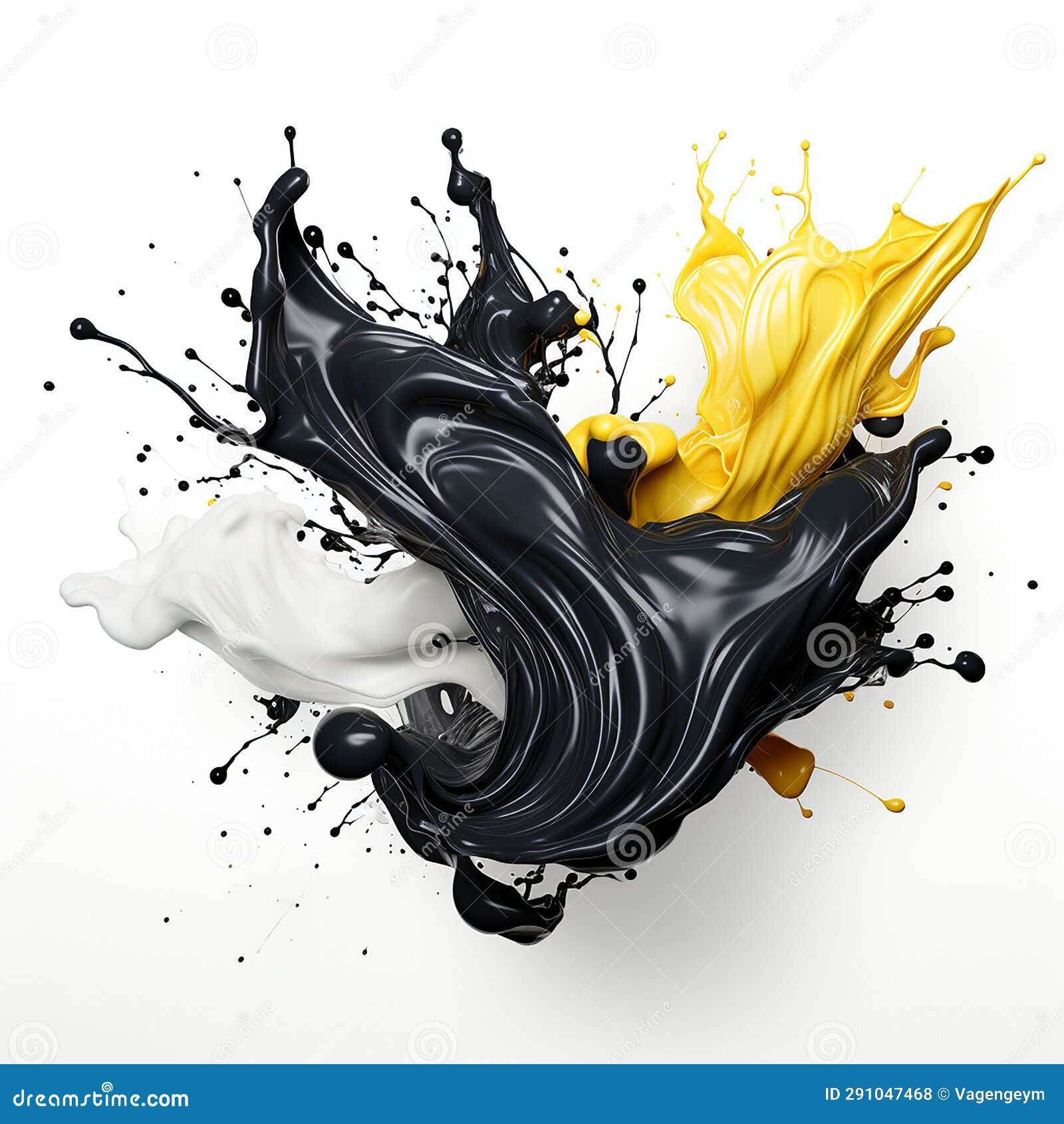 dynamic blending yellow, black and white liquid splash with flying beautiful drops. abstract fluid art