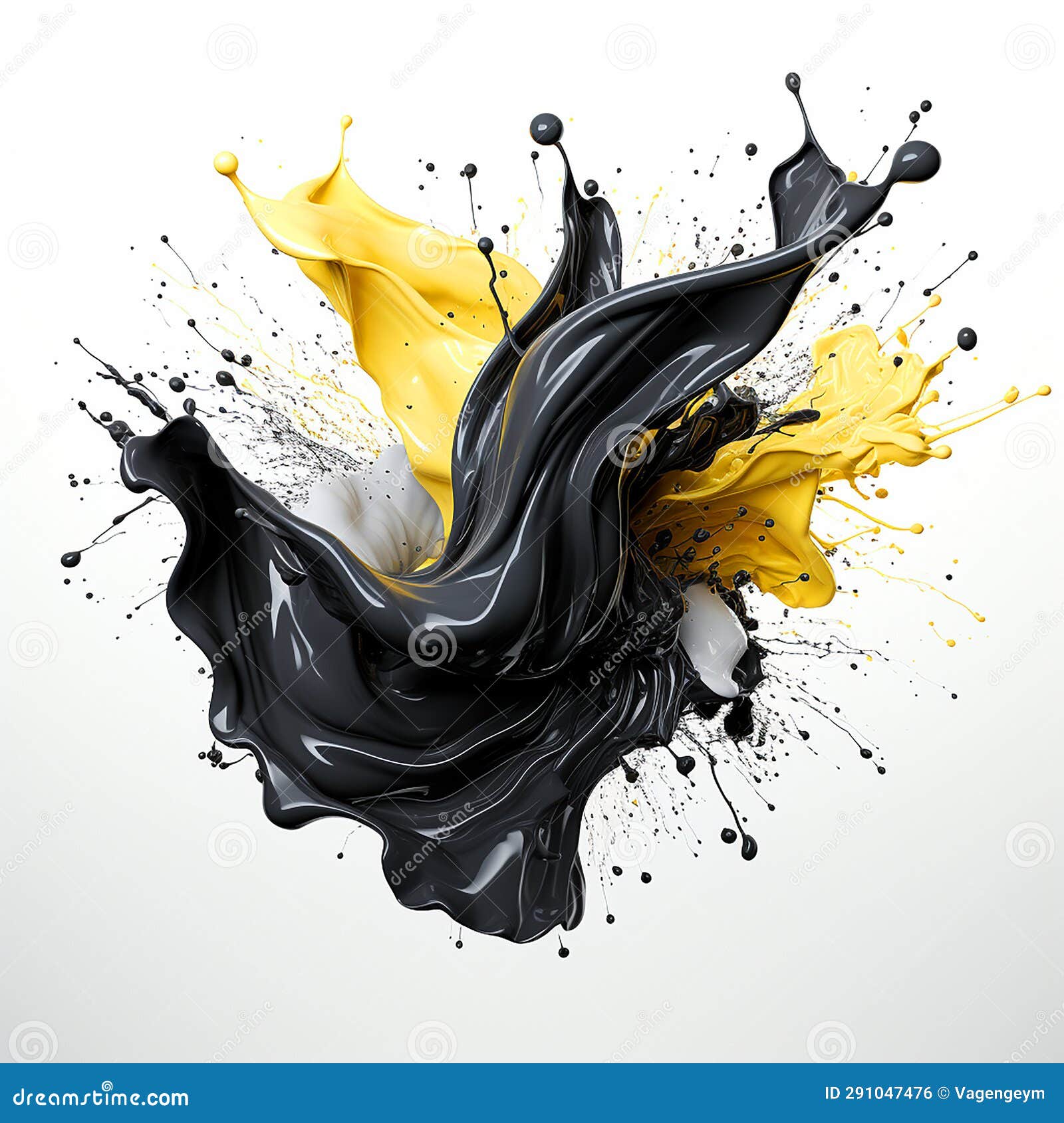dynamic blending yellow, black and white liquid splash with flying beautiful drops. abstract fluid art