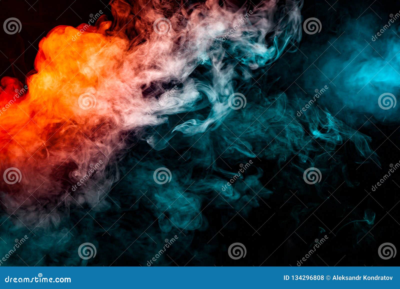 Dynamic Clouds of Multicolored Smoke of Blue Gray and Orange on a