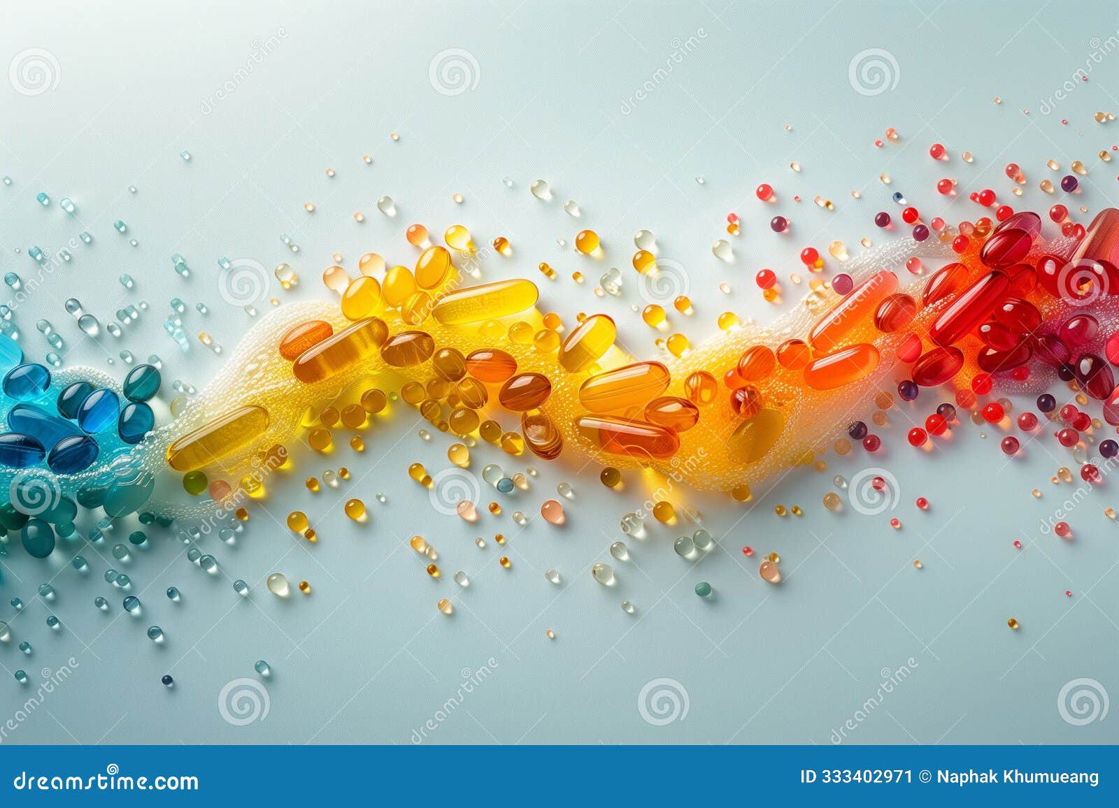 dynamic and colorful arrangement of various medication capsules and pills spilling over a light blue background