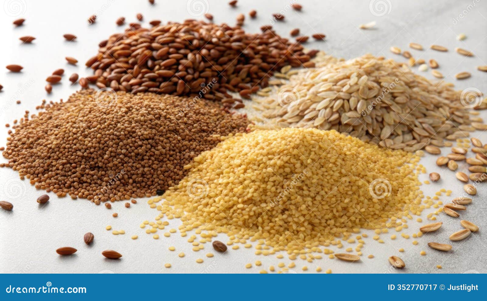 a dynamic and colorful display of whole grains including quinoa brown rice and farro poured liberally across a surface