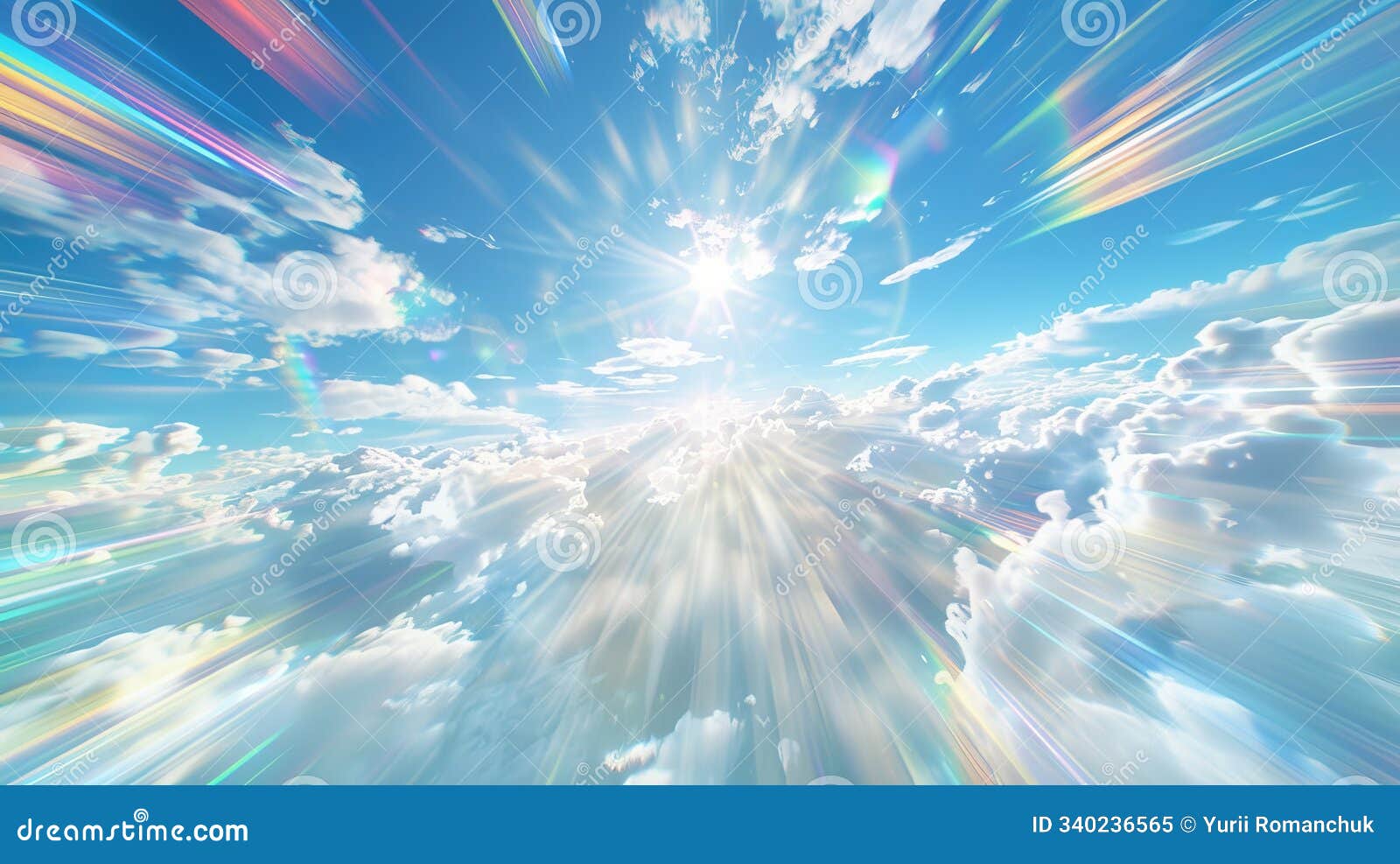 dynamic first person view of a vibrant rainbow arcing through a blue sky in hyper speed motion