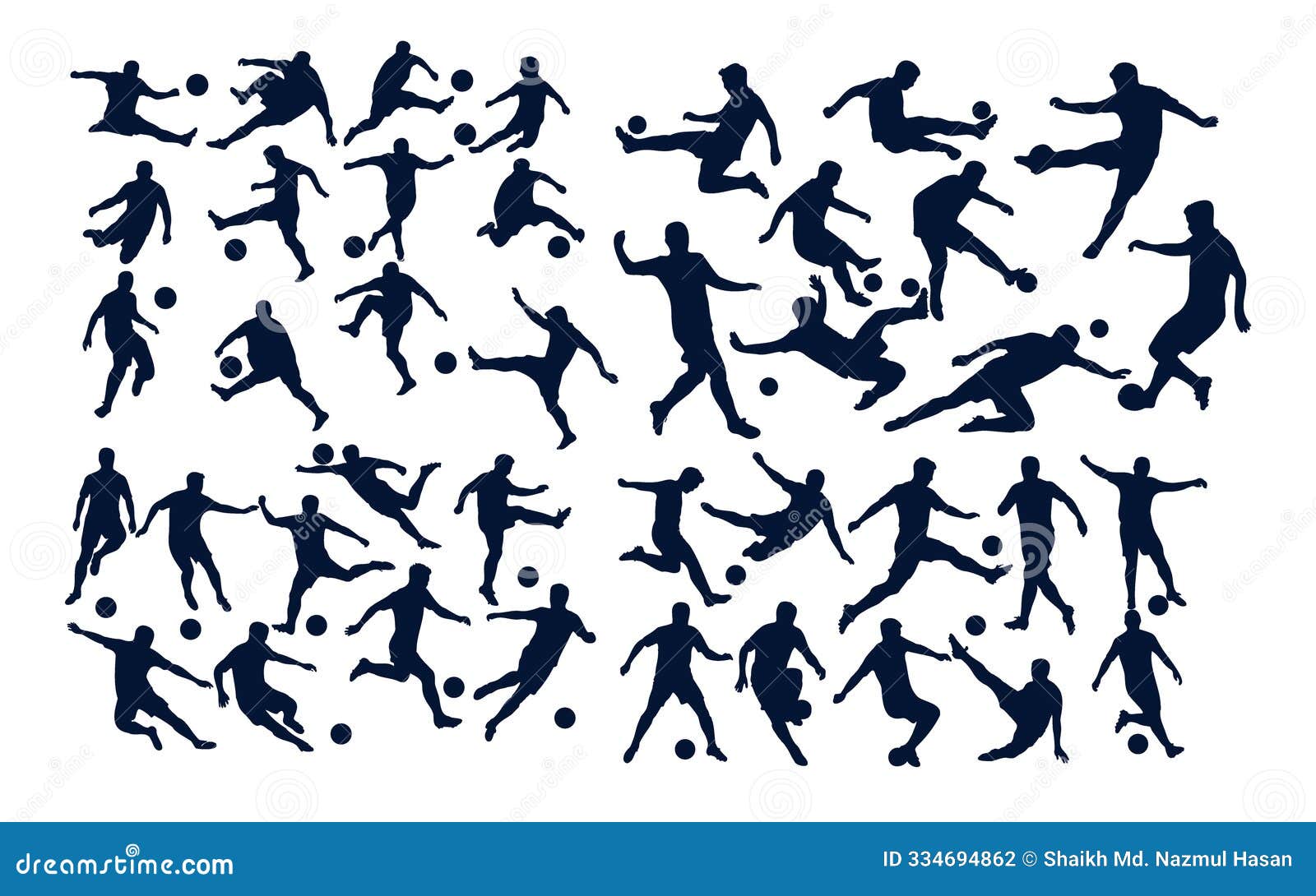 dynamic football player silhouettes in various action poses with a focus on ball skills and movement