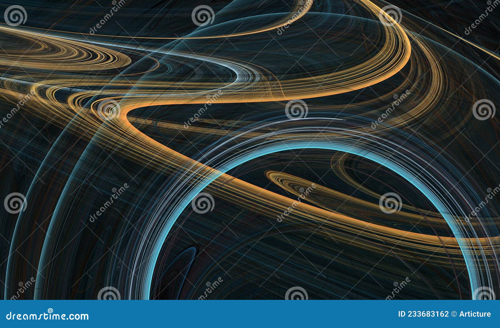 dynamic geometry motion of golden blue curves in various planes of digital 3d artwork.