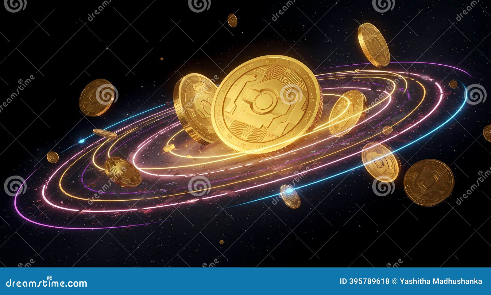 Dynamic Golden Cryptocurrency Coins Orbit with Glowing Neon Rings Against a  Starry Galaxy Backdrop Stock Illustration - Illustration of mining, starry:  395789618