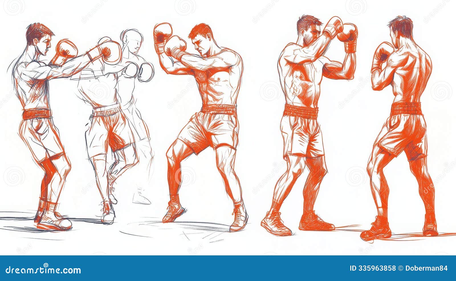 dynamic  showing a male boxer practicing punches in a sequence of movements, highlighting energy, strength