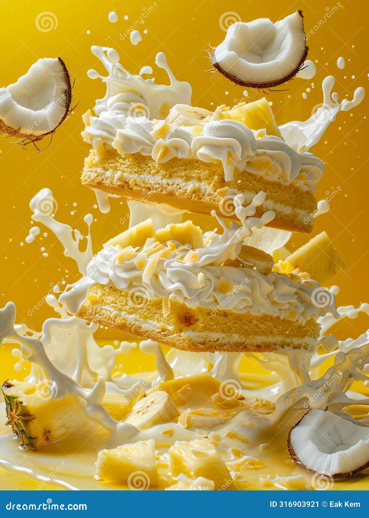 dynamic image of coconut cake layers with whipped cream and milk splash on vibrant yellow background