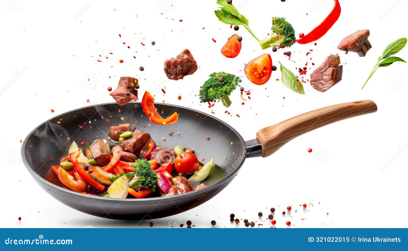 fresh vegetables and meat pieces fly into a skillet, creating a vibrant cooking scene. this high-quality food image is