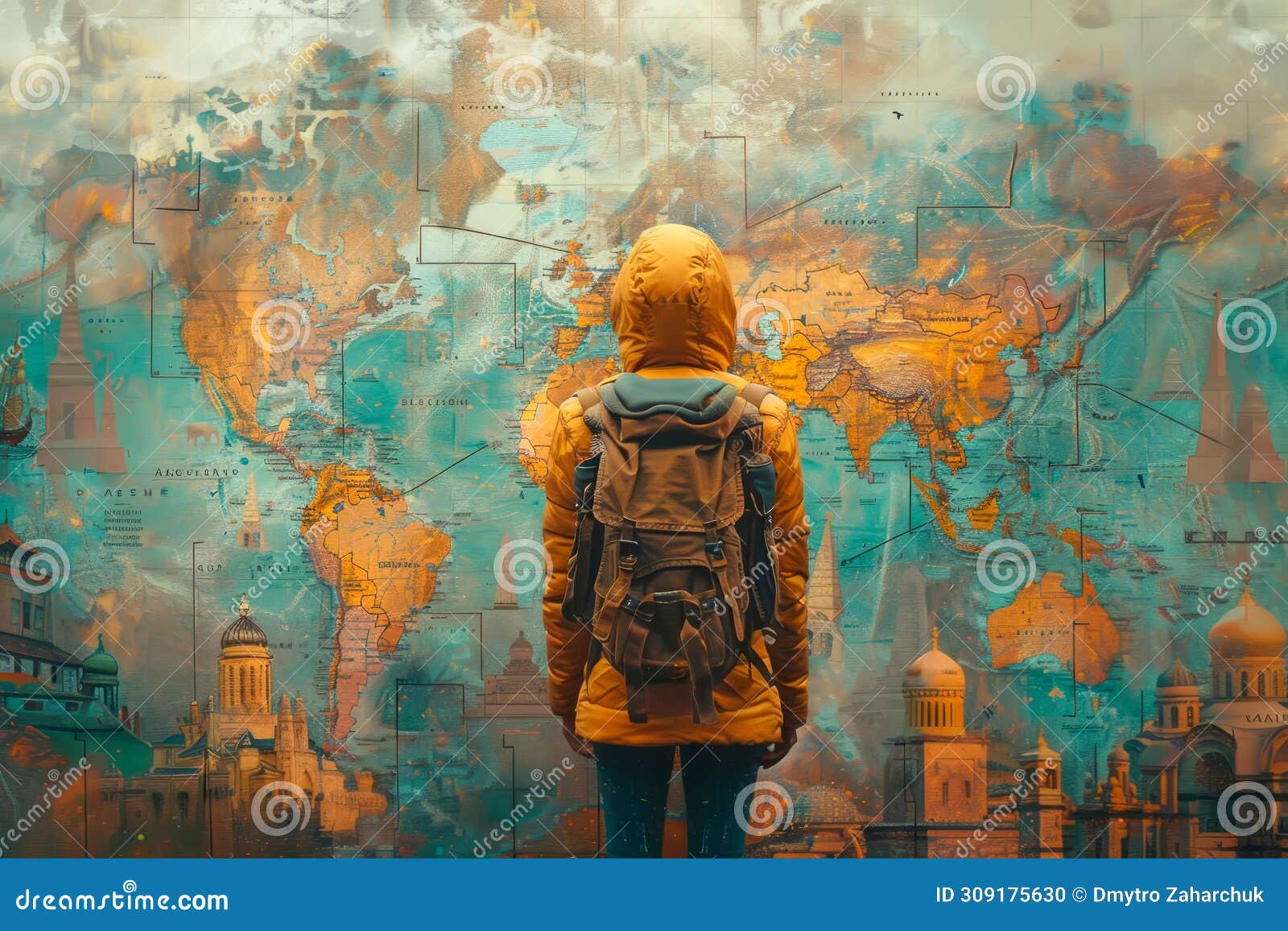 dynamic image of a traveler exploring a world map filled with different objects, awakening wanderlust