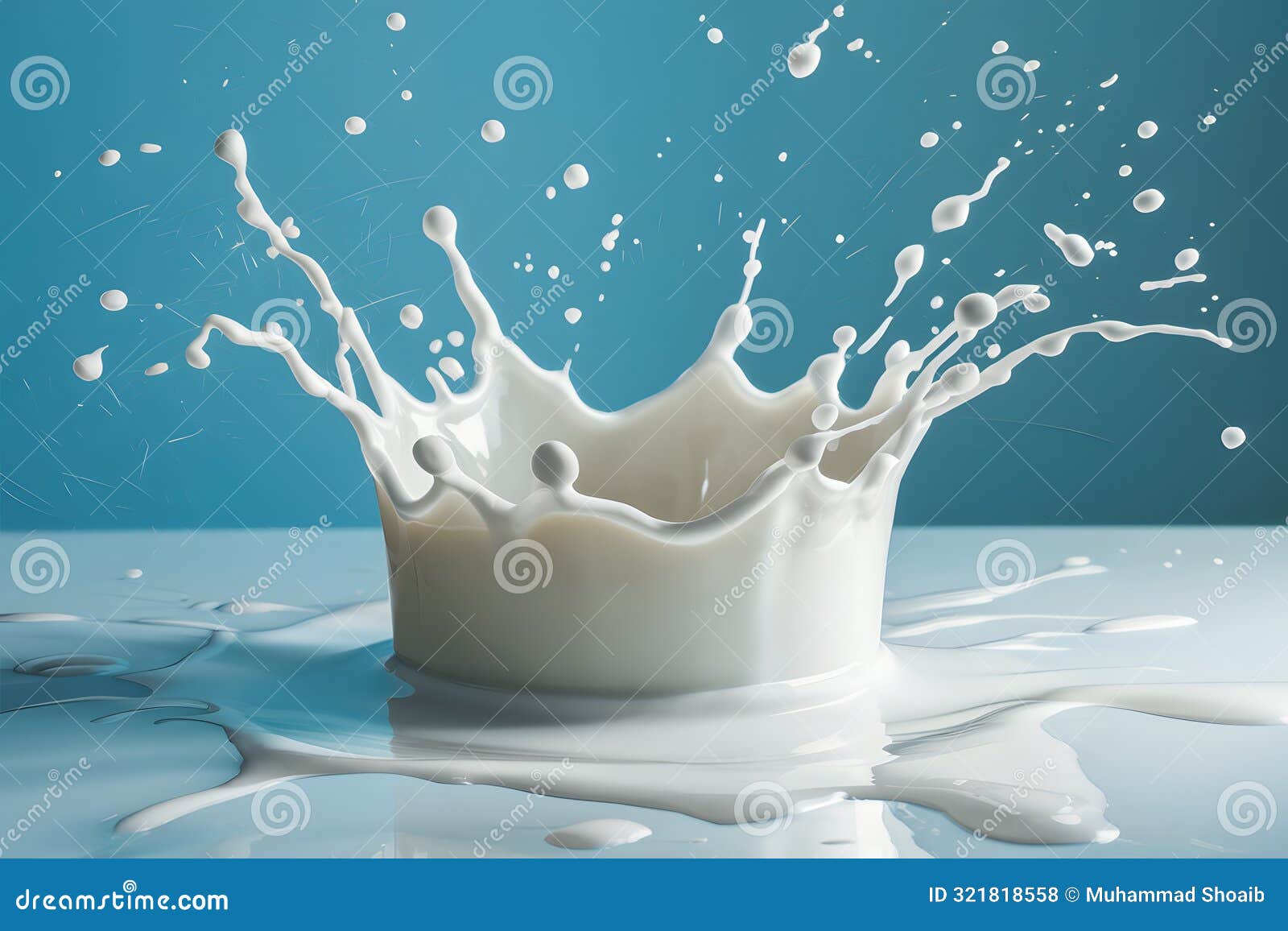 dynamic milk splash art with crown like s and droplets on light blue backdrop