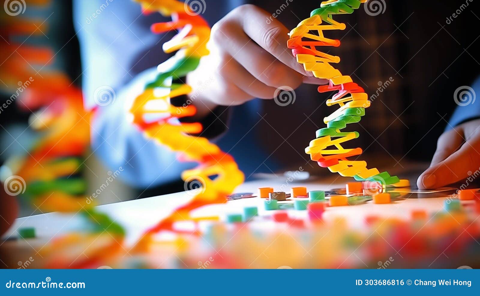 scientist working on a dna double helix model in a laboratory