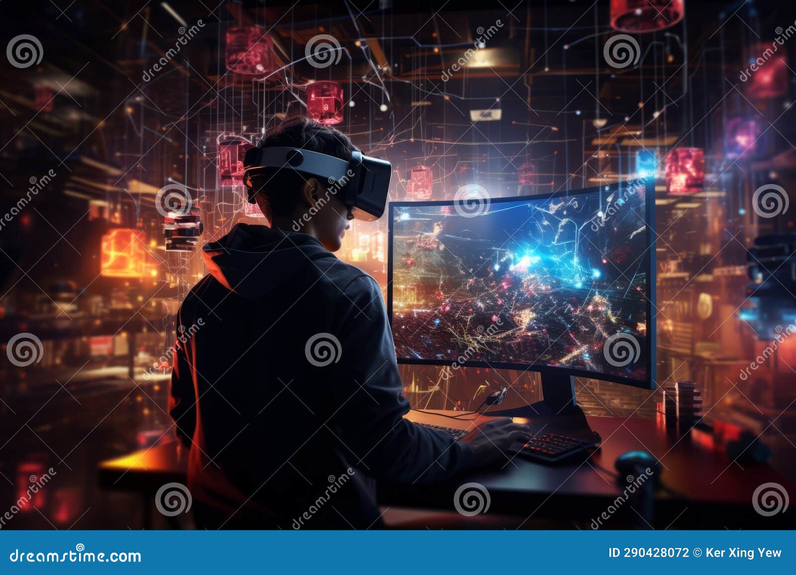 Dynamic Shot of Programmer in Virtual Reality Coding Stock Illustration