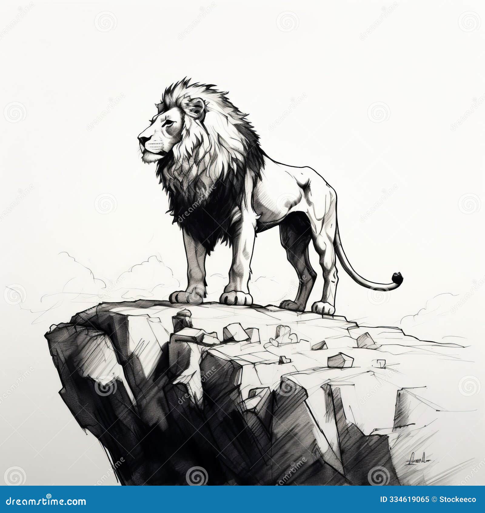 dynamic sketch of lion on cliff: high resolution concept art