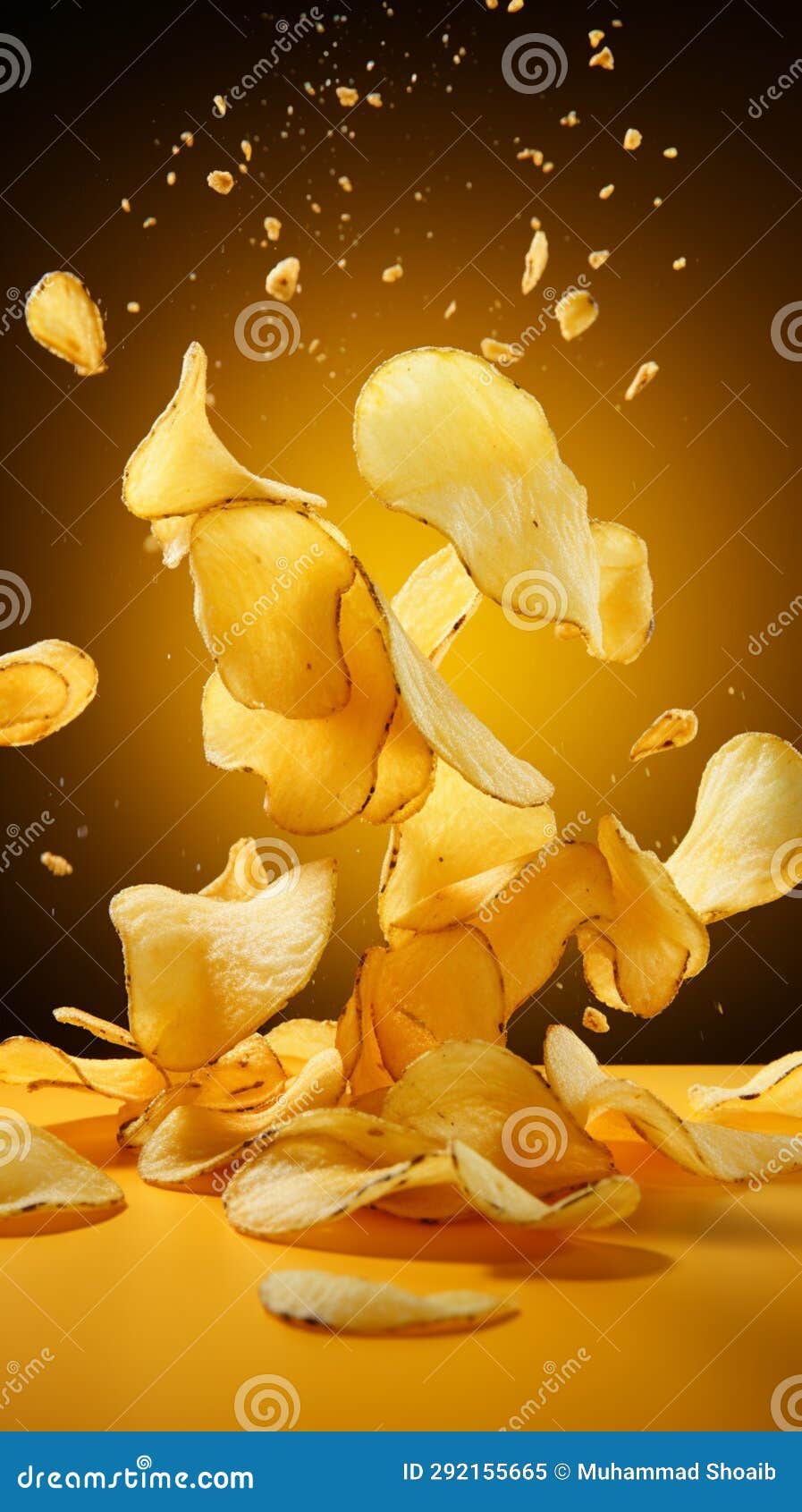 Dynamic Transformation Potato Chips Float Midair, Yellow Backdrop