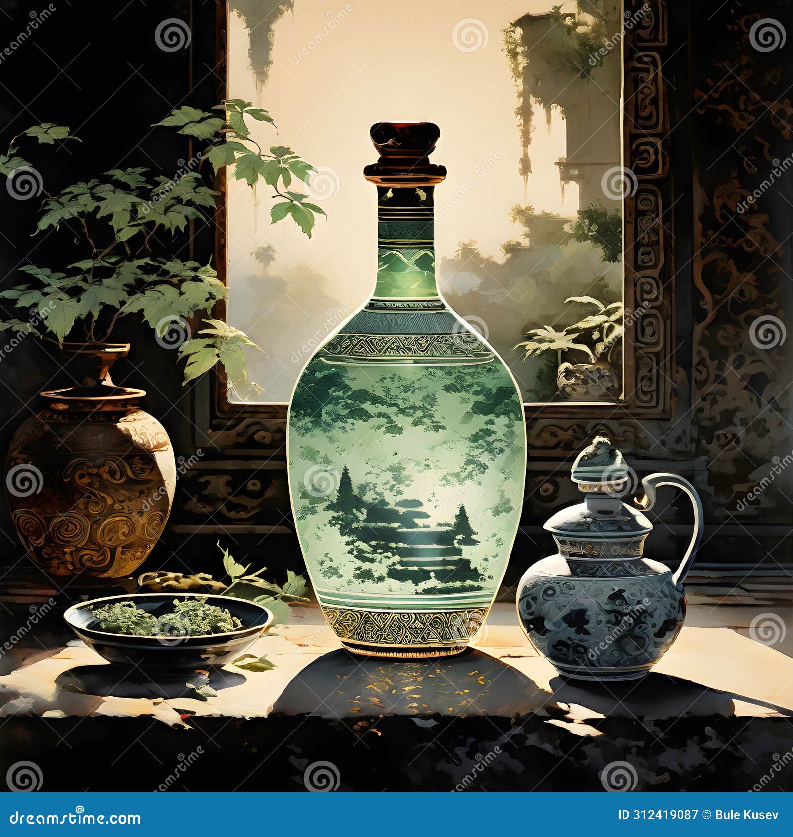 in dynasty era painting style, a bottle of mint oil is depicted with intricate and ornate patterns that encase the vessel.