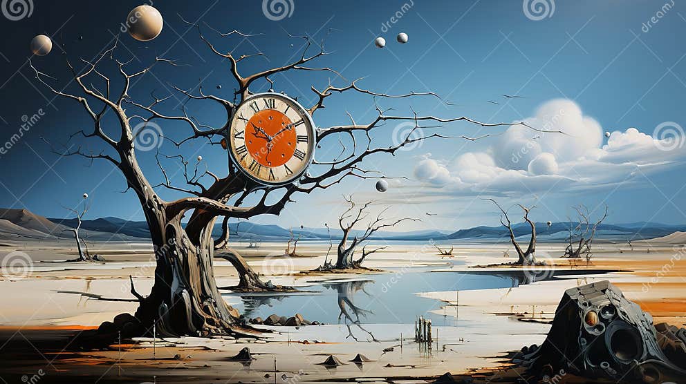 A Dystopian Landscape with a Tree Featuring a Large Clock. Stock ...