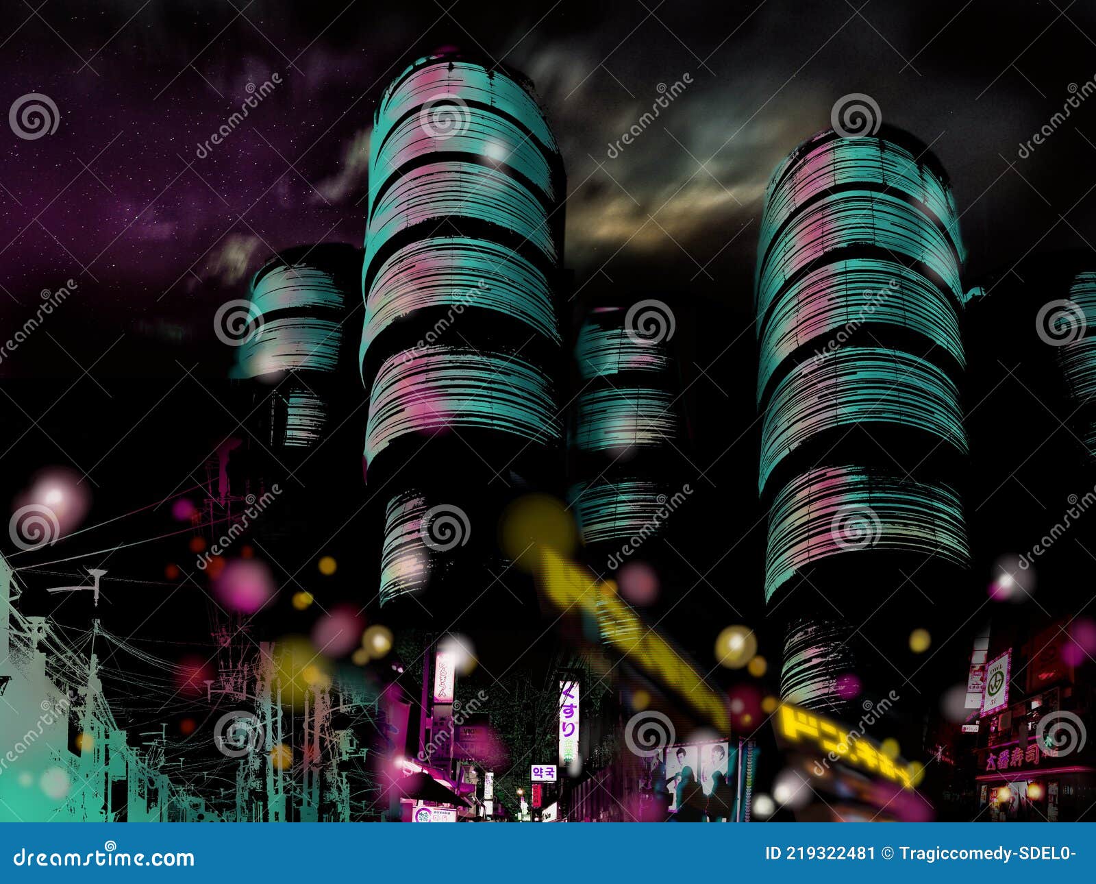 cyberpunk,city,metropolis,neon, rain,art illustration Stock Illustration