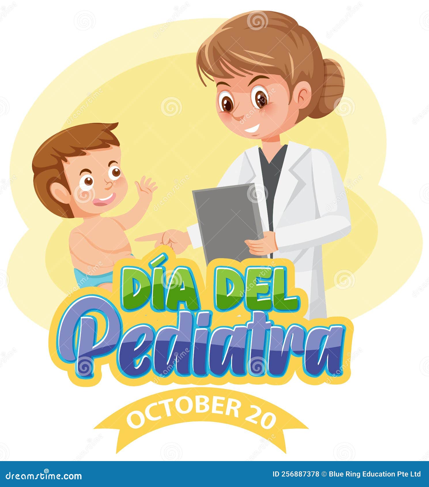 DÃa Del Pediatra Text with Cartoon Character Stock Vector
