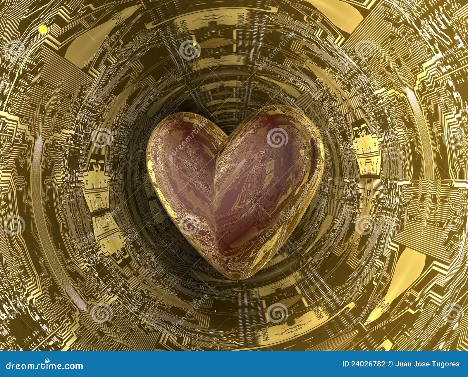 Dígito binario del corazón. Imagen 3d del corazón y de la placa madre