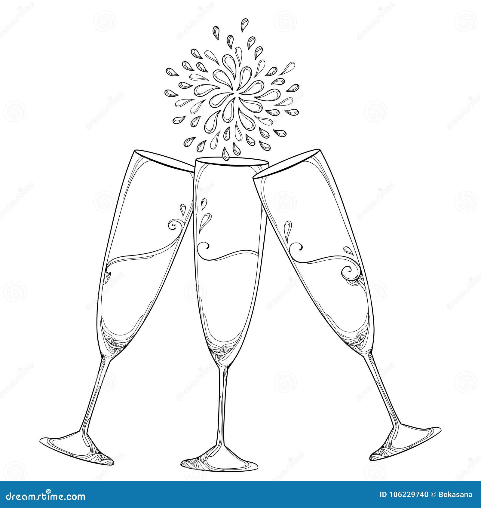 Vector Illustration with Three Outline Toasting Champagne Glasses or