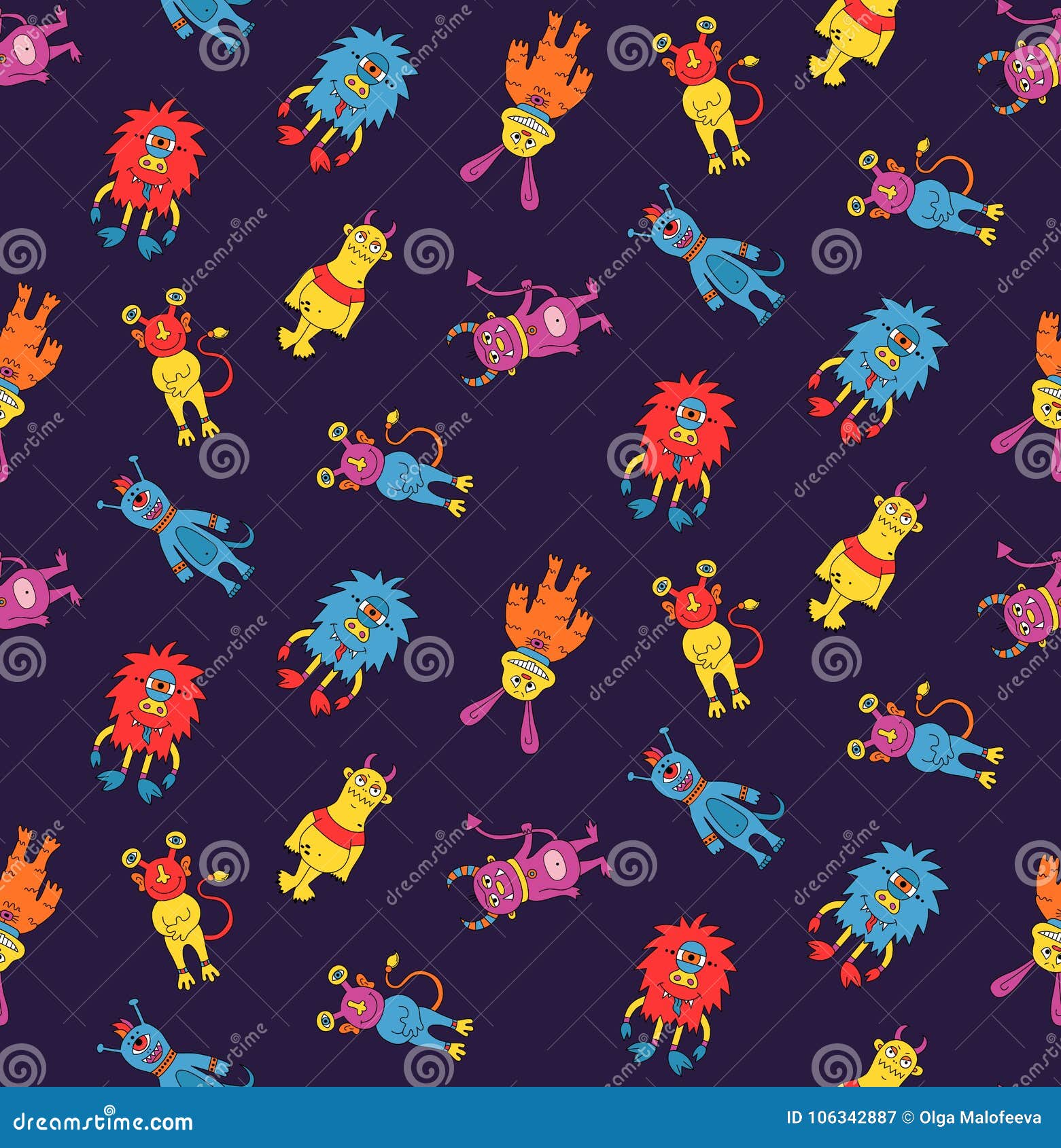 Monsters cute doodle seamless vector pattern. Monsters cartoon characters cute doodle colorful seamless vector pattern