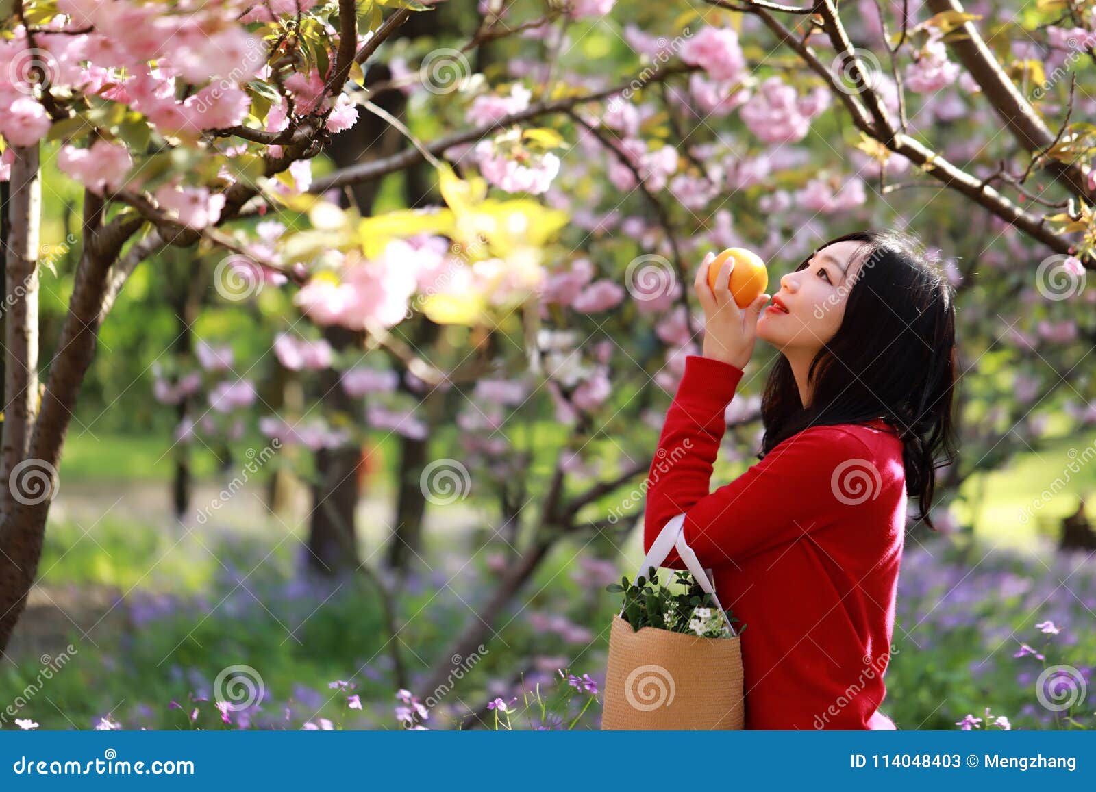 Asian Chinese Freedom Woman Smell Fruit Under Flower Tree in Nature in