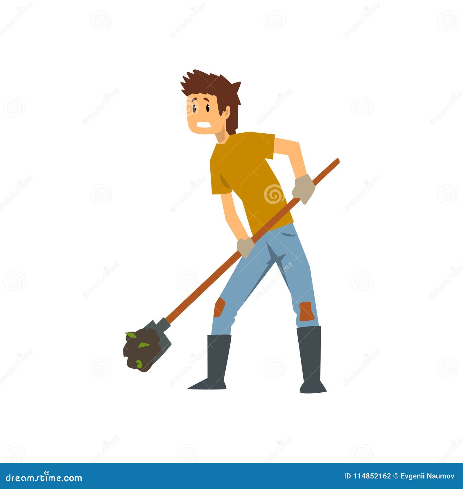 Tired farmer digging the earth with a shovel, hard work, farm worker with gardening tool vector Illustration on a white. Tired farmer digging the earth with a shovel, hard work, farm worker with gardening tool vector Illustration isolated on a white background.