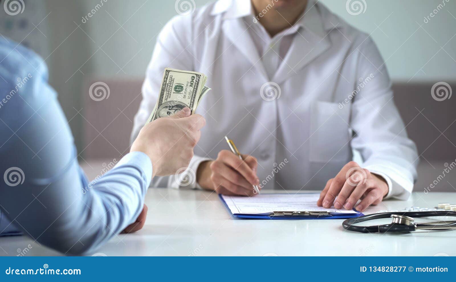 Patient Holding Money, Paying Doctor for Treatment, Private Clinic