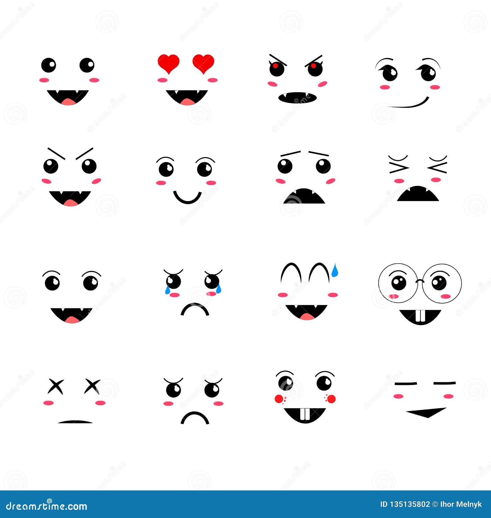 Coleção de esboços de olhos com diferentes emoções no estilo japonês.