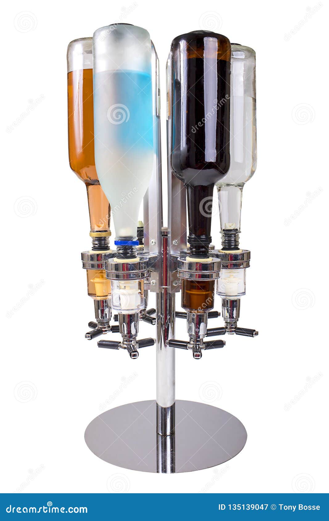 Caddy Liquor Dispenser with liquor bottles isolated on white