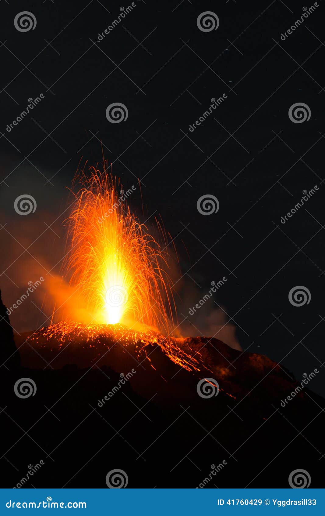 Stromboli eruption. Eruption of the volcano Stromboli during the nigth where we can see lava plume and flow