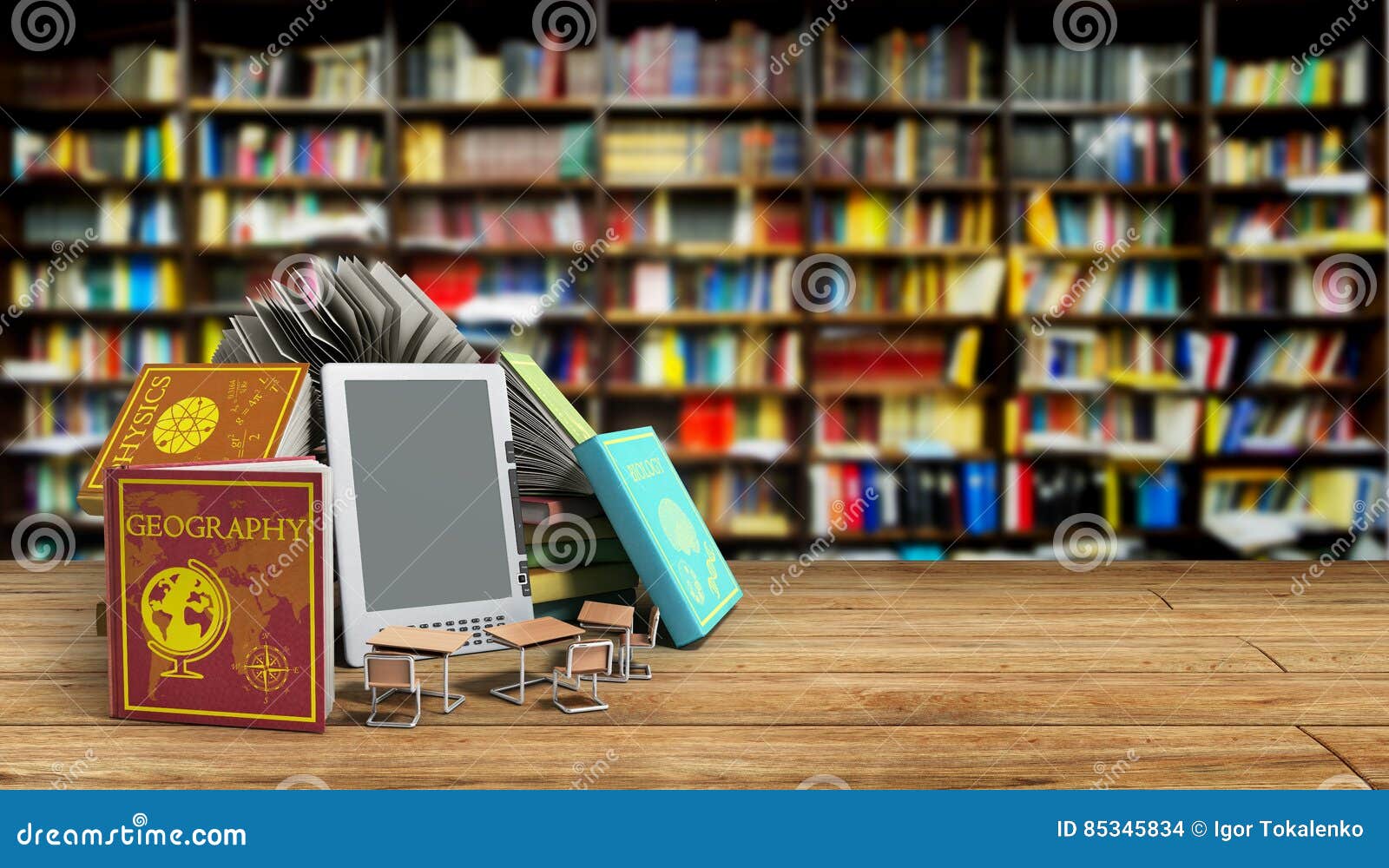 e-book reader books and tablet library background 3d render success knowlege concept