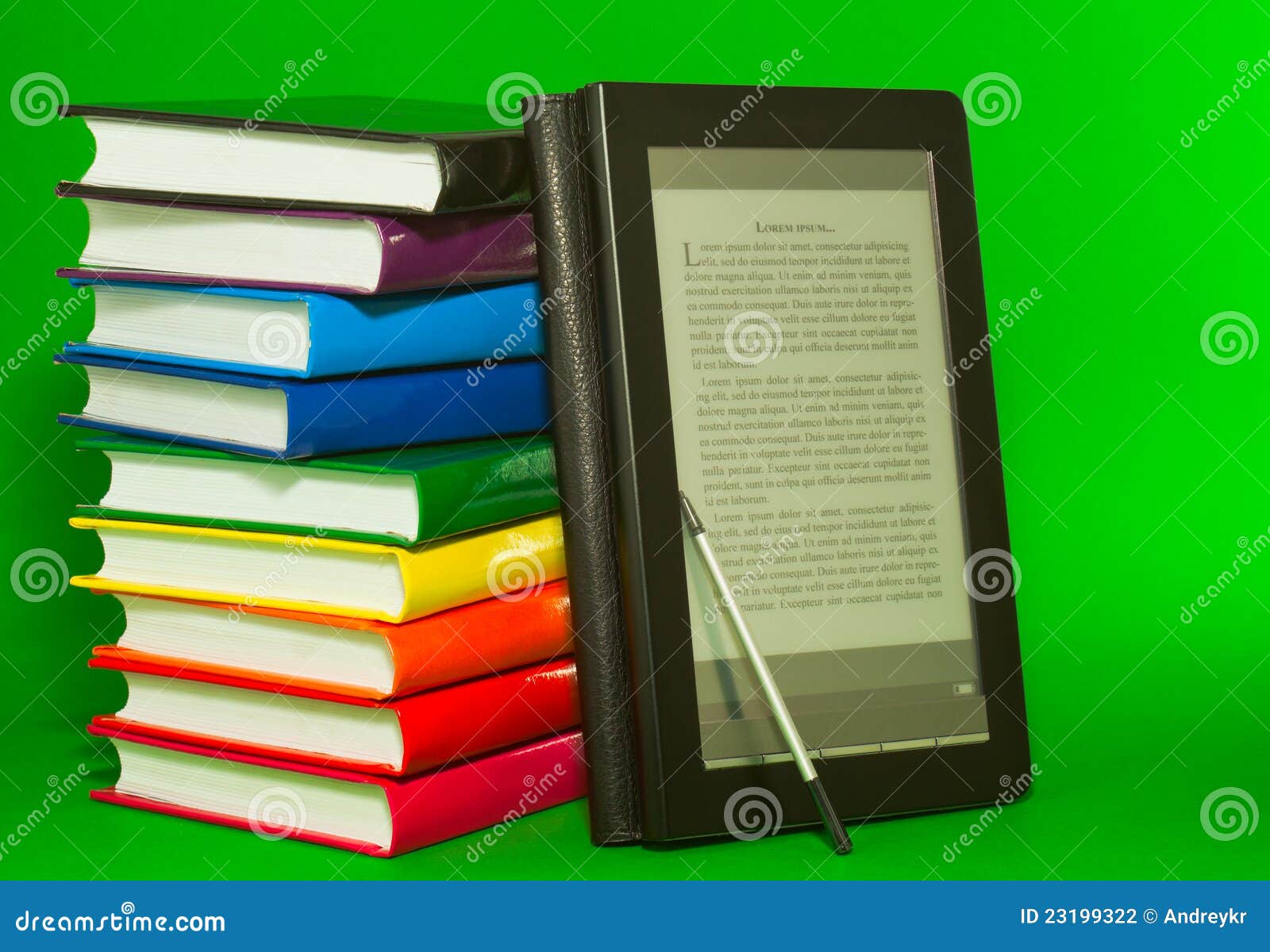 e-book reader with stack of printed books