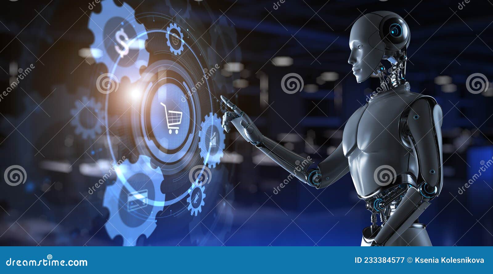 Online Shopping. Robot Pressing Button on Screen 3d Render