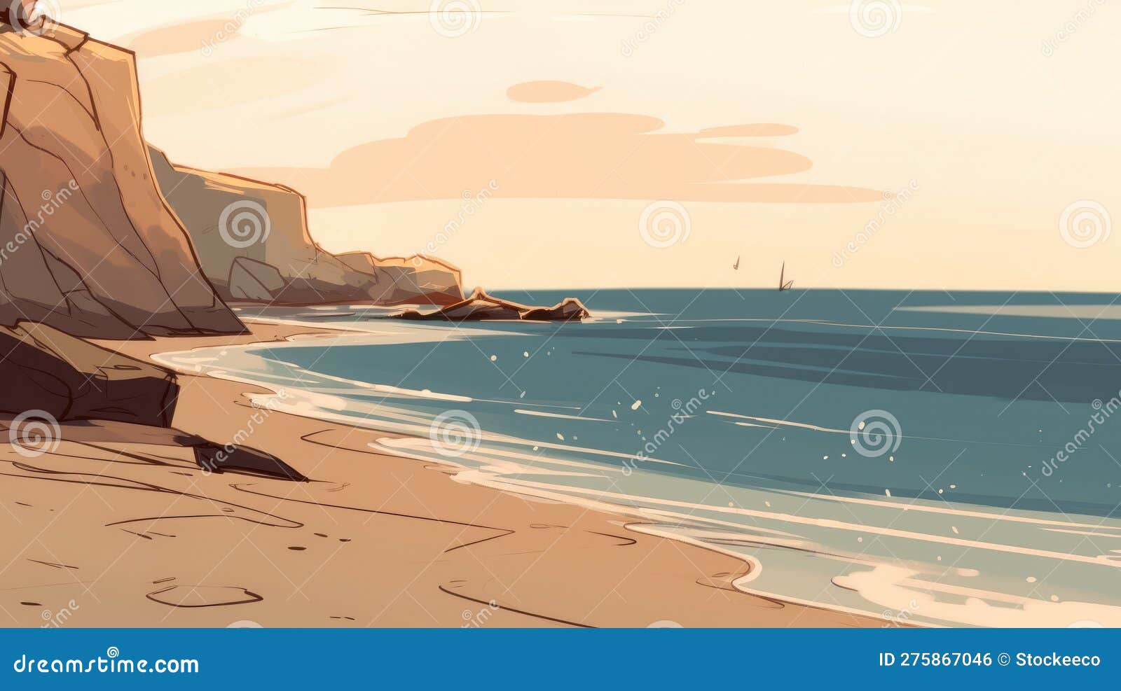 2e Dessin D'un Bord De Mer Avec Littoral De Sable Illustration