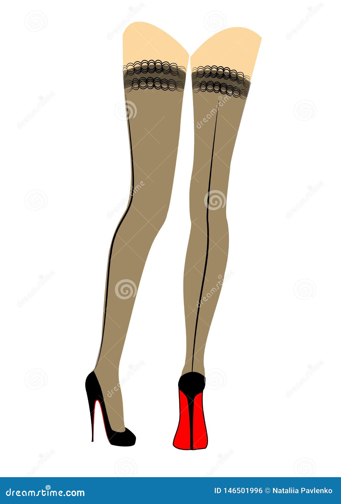 E Flickan st?r r. Silhouette of slender beautiful lady legs. The girl is standing. The woman is dressed in fashionable stockings and shod in black high-heeled shoes. Vector illustration