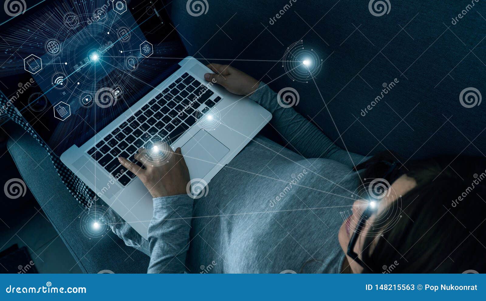 e-learning with abstract woman using a laptop at home on digital interface. online education, innovation, icon and media