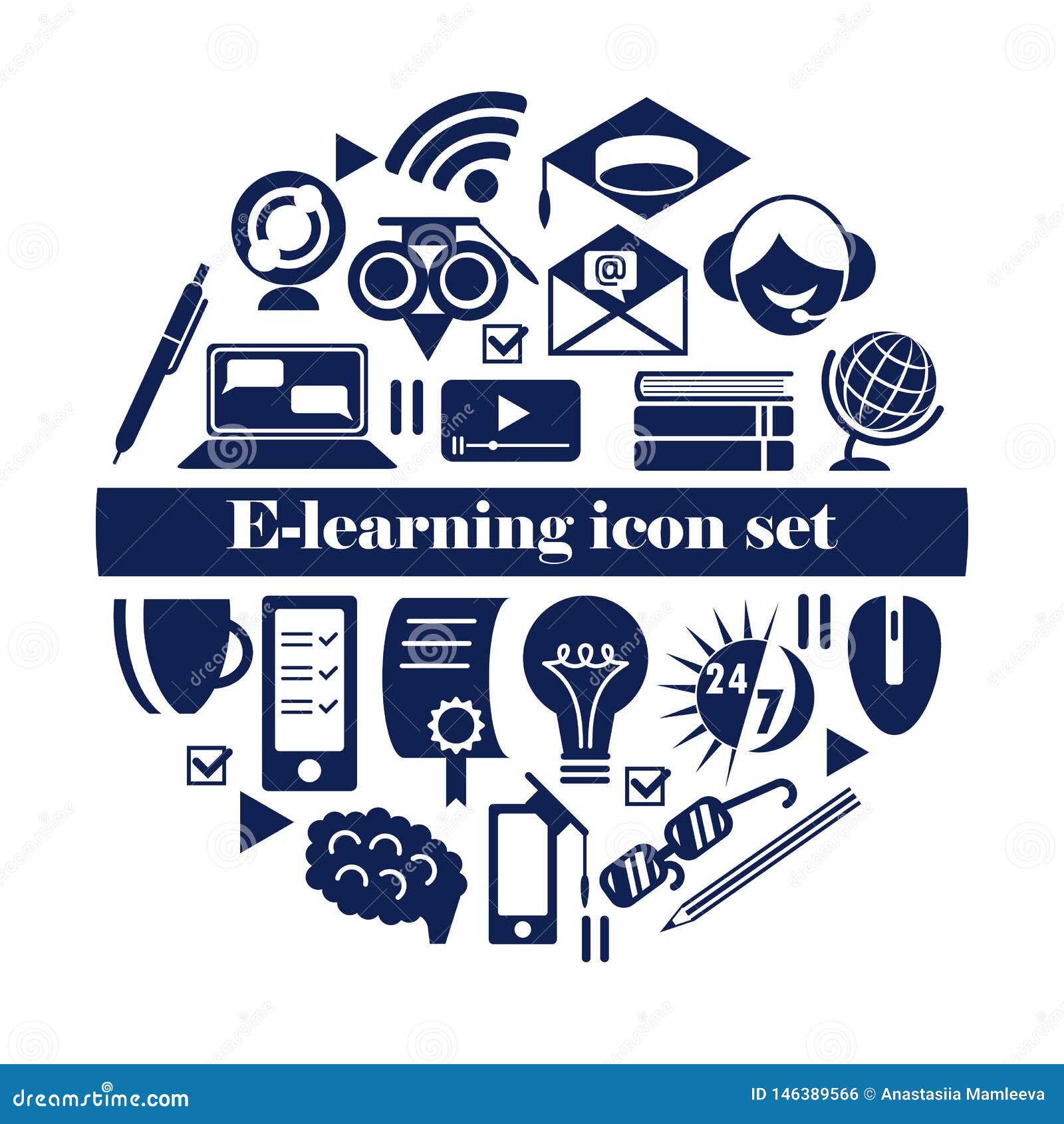 E-learning Icon Set. Isolated Online Education Icons on White Background  Stock Vector - Illustration of business, education: 146389566