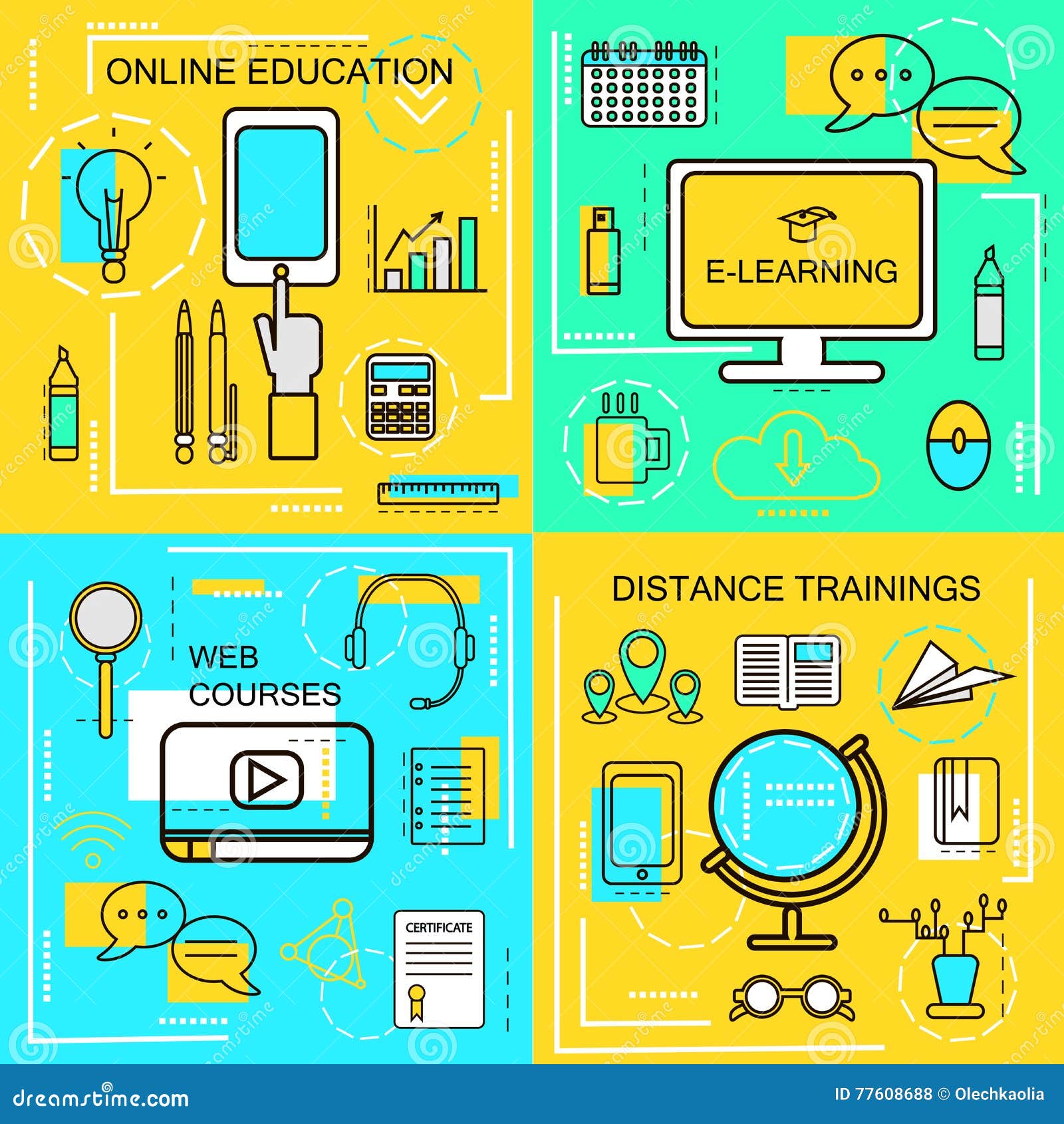 e-learning, online ecucation, web courses and distance trainings concept. thin line icons.  . banners for web ,