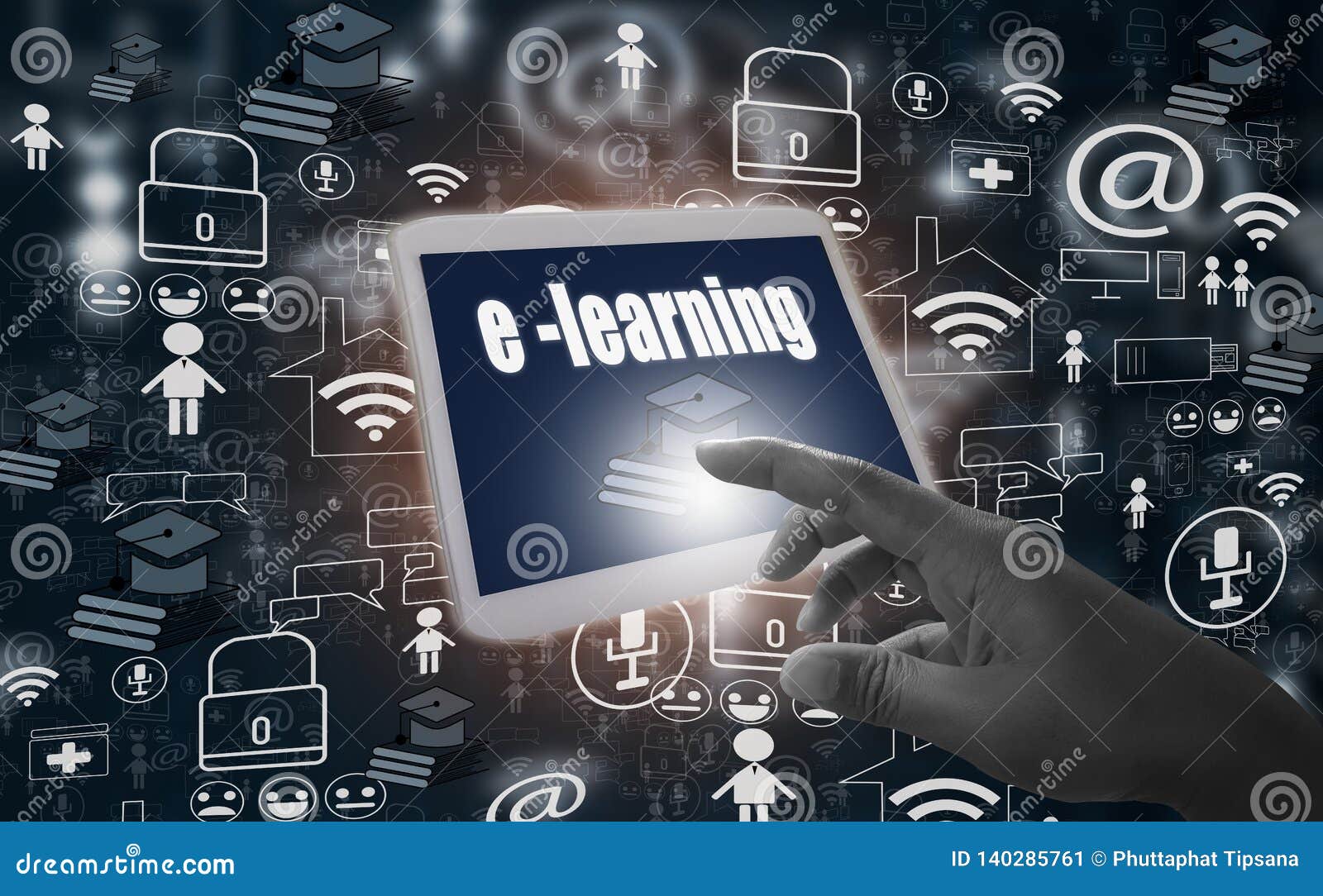 E-learning and Online Education, with Finger Touch Tablet Screen and Icons Social Media on Black Background, Creative Design Stock Illustration - Illustration of information, icon: 140285761