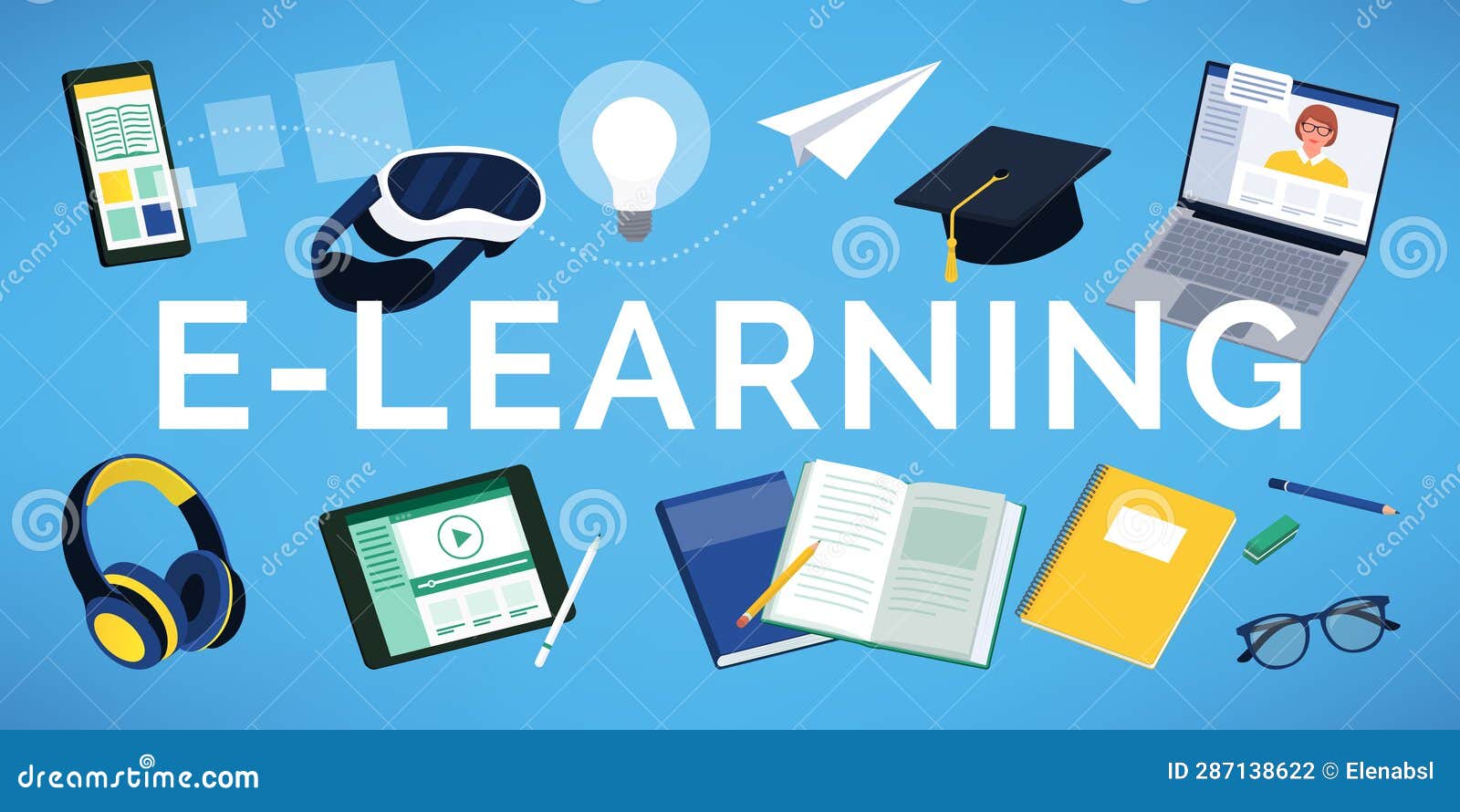 Elearning Text, Digital Devices and School Items Stock Vector Illustration of online