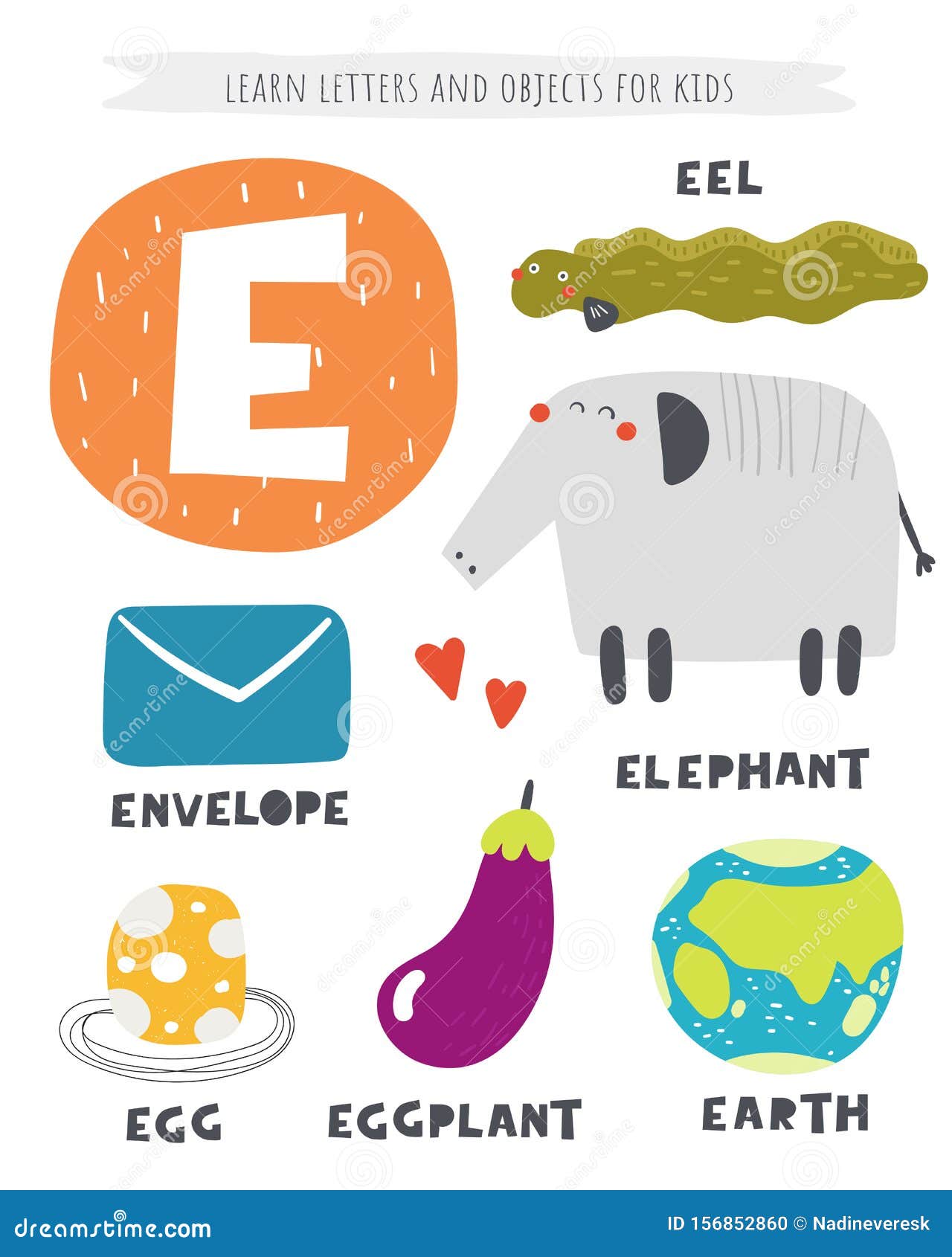 E Letter Objects And Animals Including Elephant, Eel, Egg ...