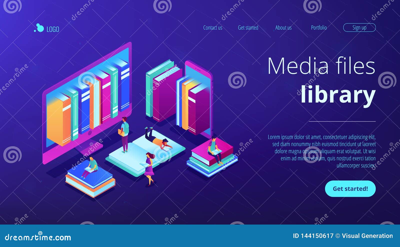 Download E-library Isometric 3D Landing Page. Stock Vector - Illustration of color, bright: 144150617