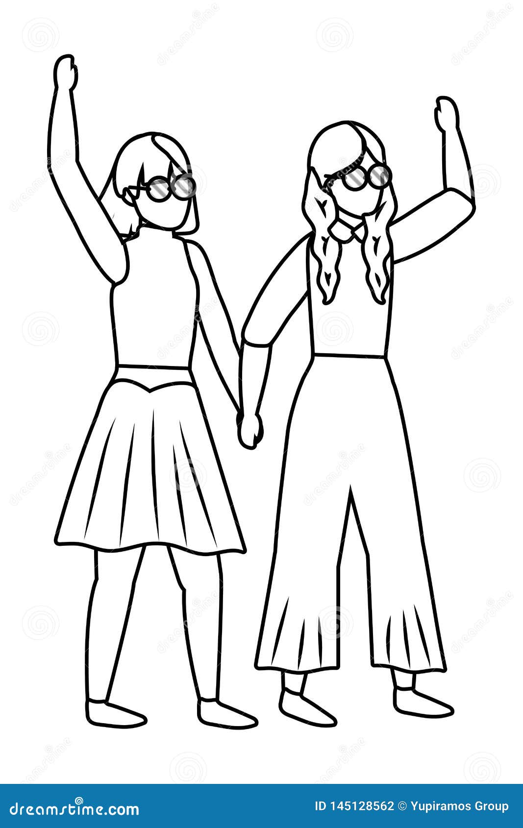 Happy women group girl best friend love line art ilustração de estilo  desenhado à mão