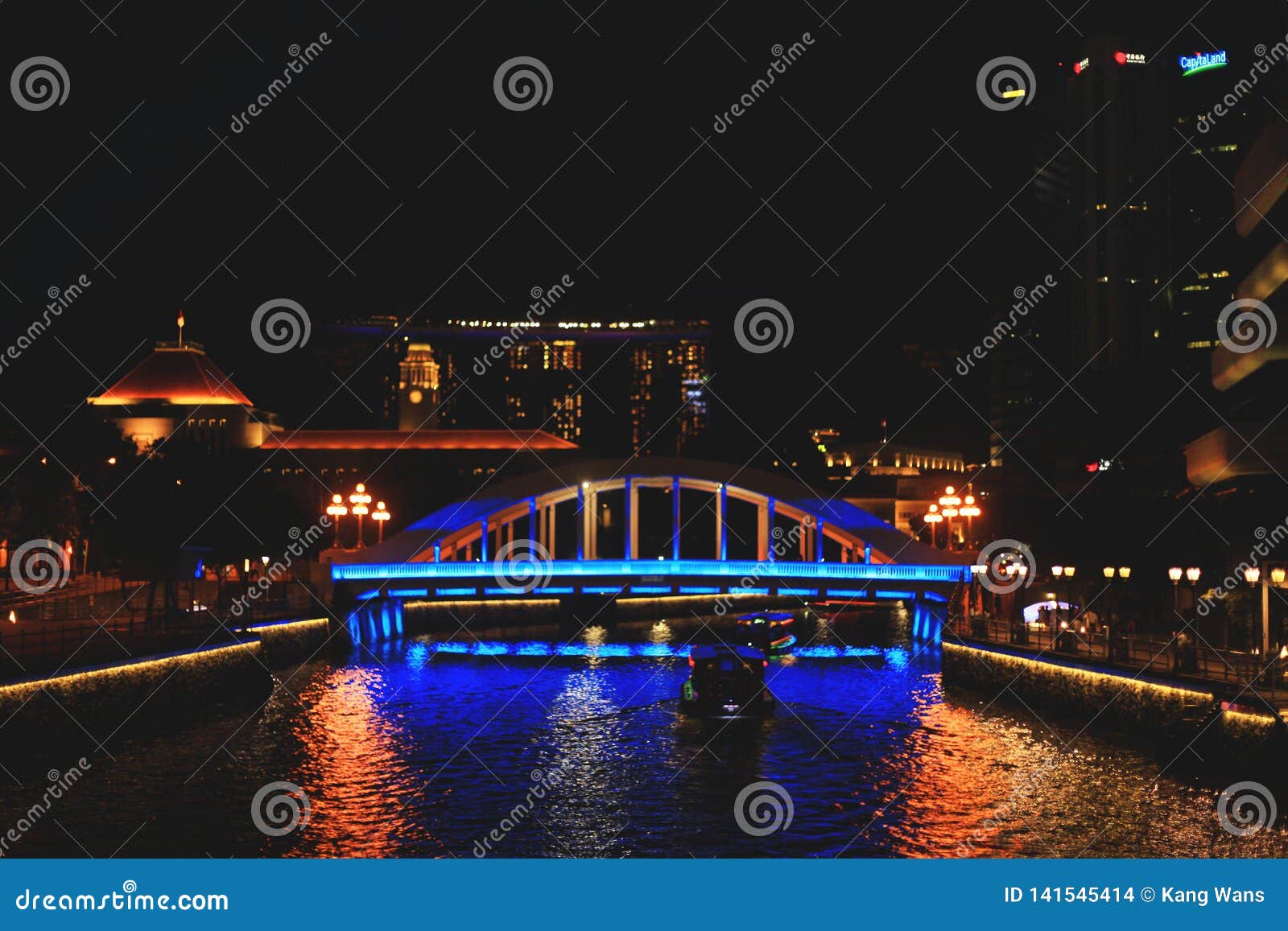 View of Singapore`s water transport at night in Singapore
