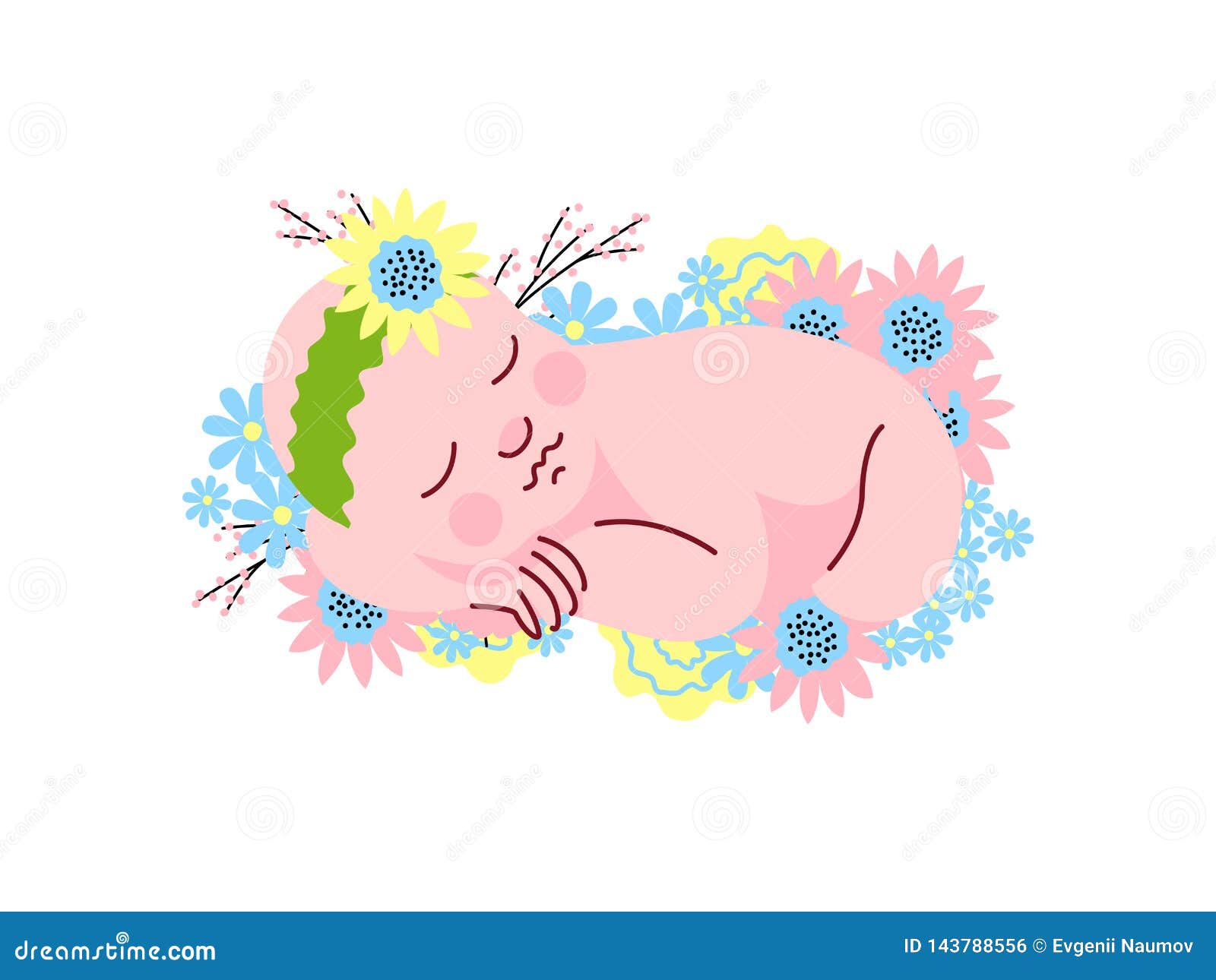 Cute Newborn Baby Girl in Flower Headband Sleeping on Spring Flowers