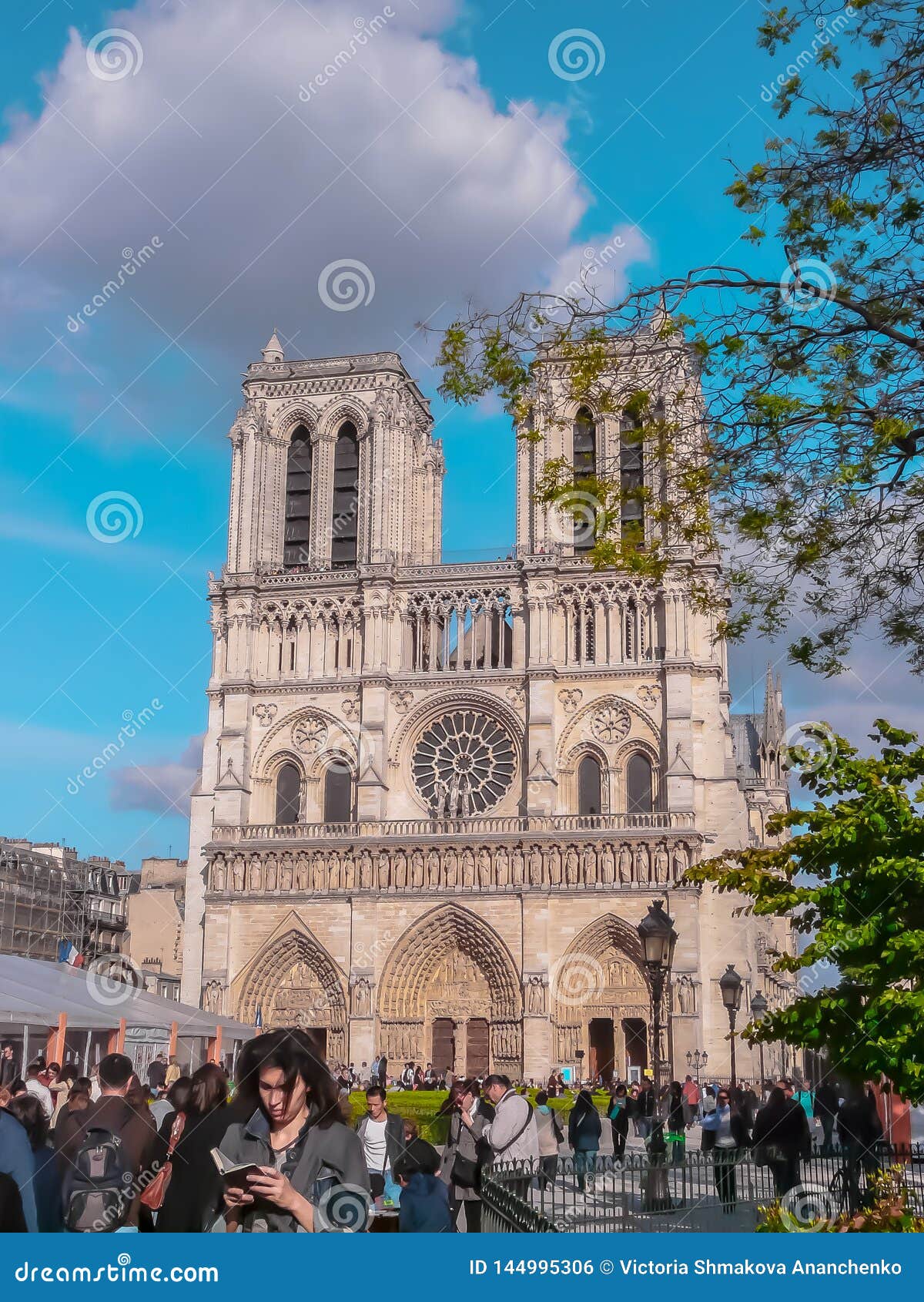 Tourists in front of the Notre Dame de Paris medieval gothic cathedral in the downtown Paris with the spire before the fire. R r