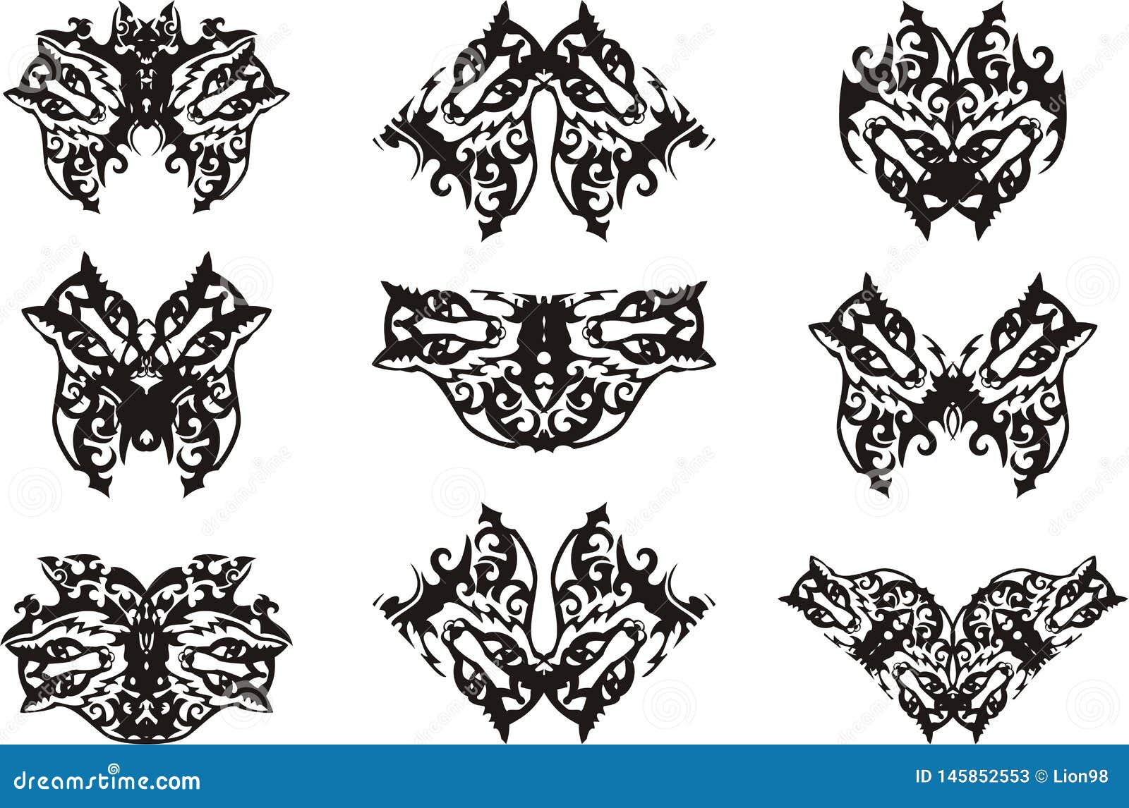 Stylized Fox Heads in the Butterflies Form Illustration Stock ...