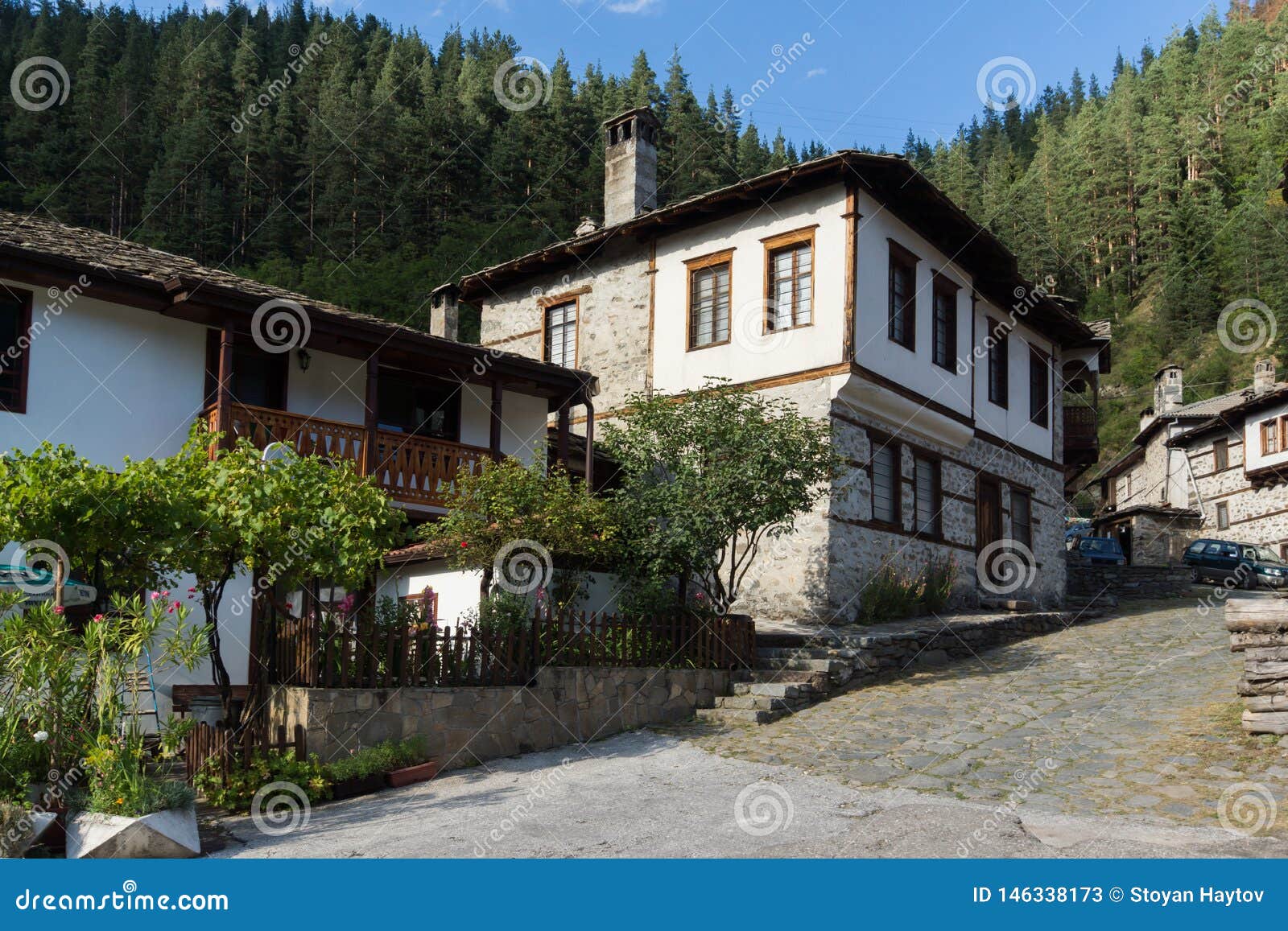 SHIROKA LAKA, BULGARIA - AUGUST 14, 2018: Nineteenth century houses in historical town of Shiroka Laka, Smolyan Region, Bulgaria